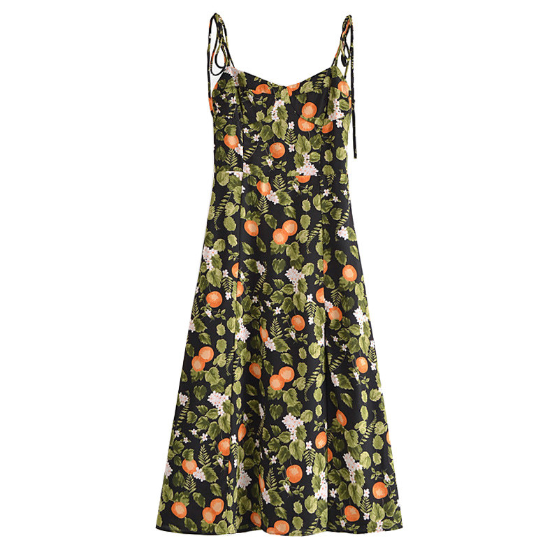 【包邮】复古叶子橘子碎花双肩系带露肩高开叉设计中长度假连衣裙