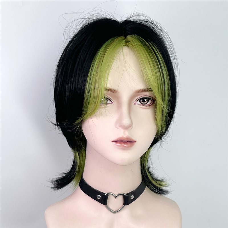 绿色刘海挑染假发狼尾鲻鱼头男女生蜥蜴绿中分短发中性帅全头套式