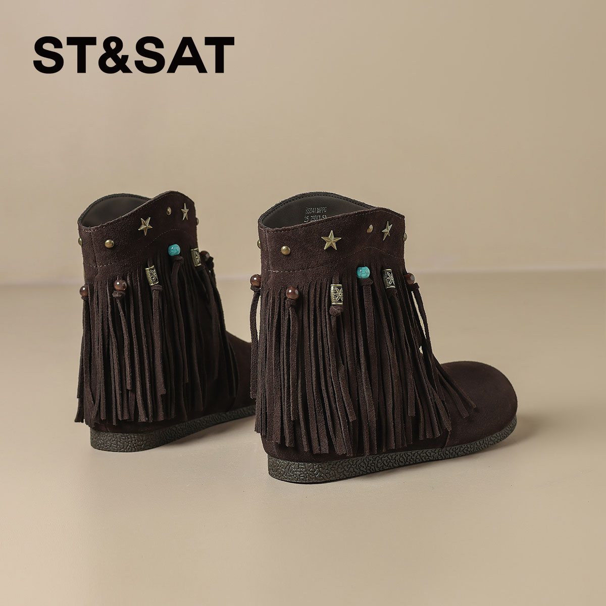 星期六复古流苏靴子厚底棕色女靴