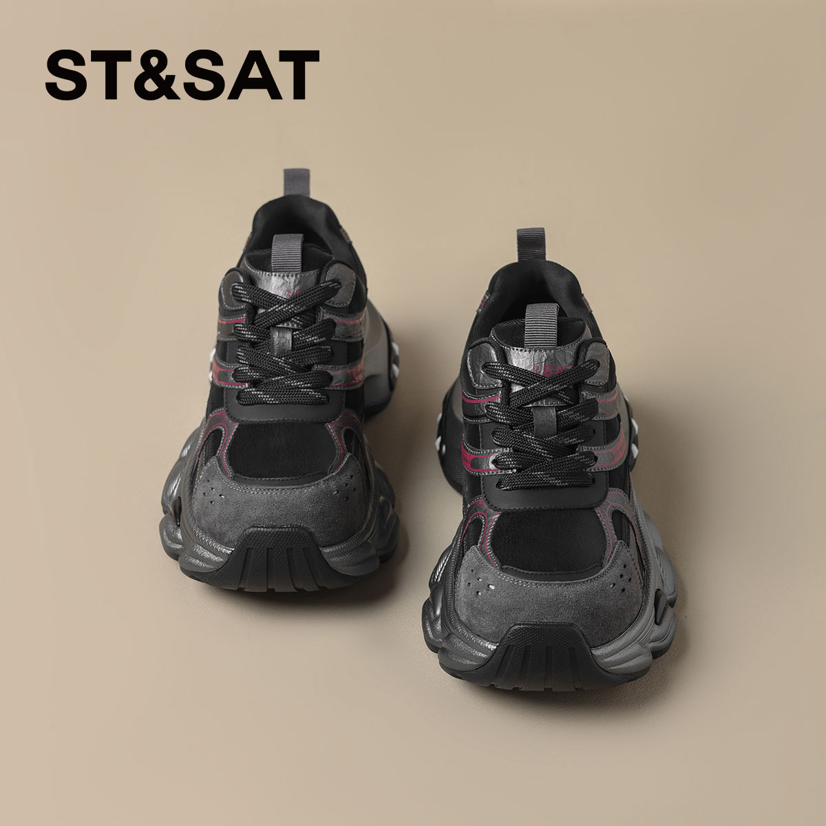 星期六厚底增高老爹鞋女绒面黑色