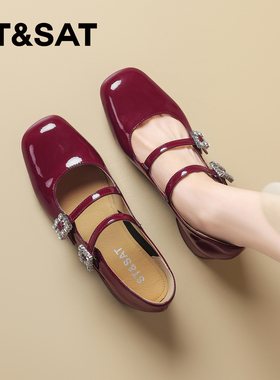 星期六红色玛丽珍鞋女羊皮2026春季新款一脚蹬浅口单鞋真皮凉鞋