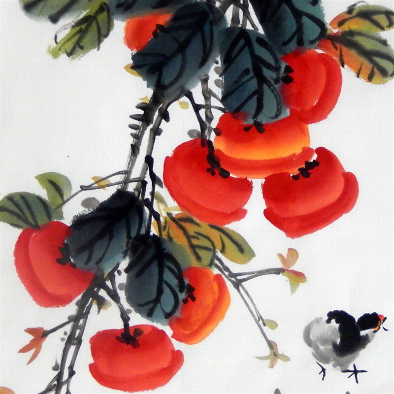 黄山川手绘真迹水墨画尺斗方鸟画作品国画柿子小鸡图事事如意
