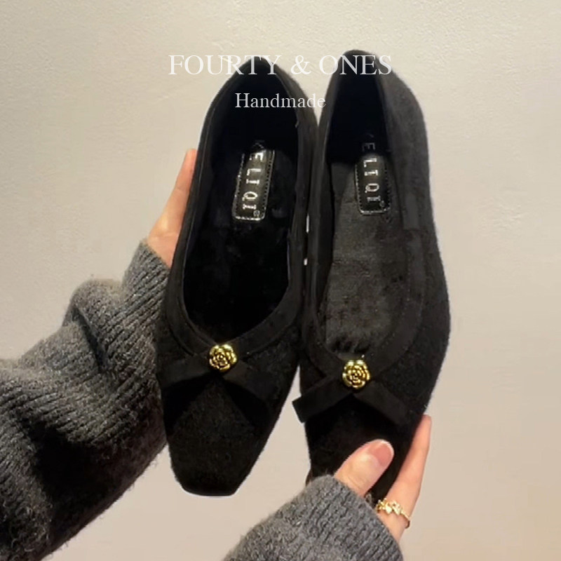 羊毛版~法式方头浅口单鞋女蝴蝶结山茶花玛丽珍鞋软糯绒面毛毛鞋