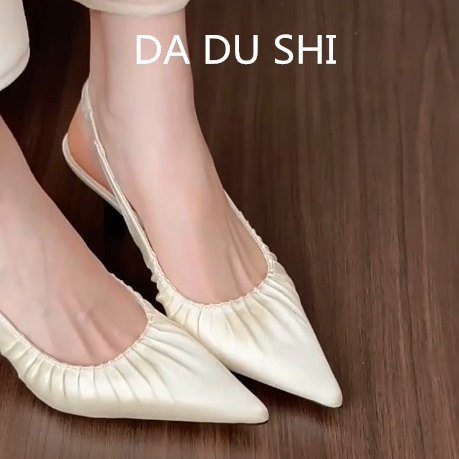 羊皮版！简约细跟包头凉鞋女韩系优雅真皮褶皱单鞋法式尖头高跟鞋,女鞋,时装凉鞋,淘宝优惠券,粉丝福利购,淘宝优惠卷