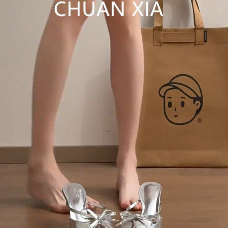 羊皮版~气质名媛风漆皮高跟鞋女蝴蝶结细跟凉拖鞋仙女风尖头包鞋