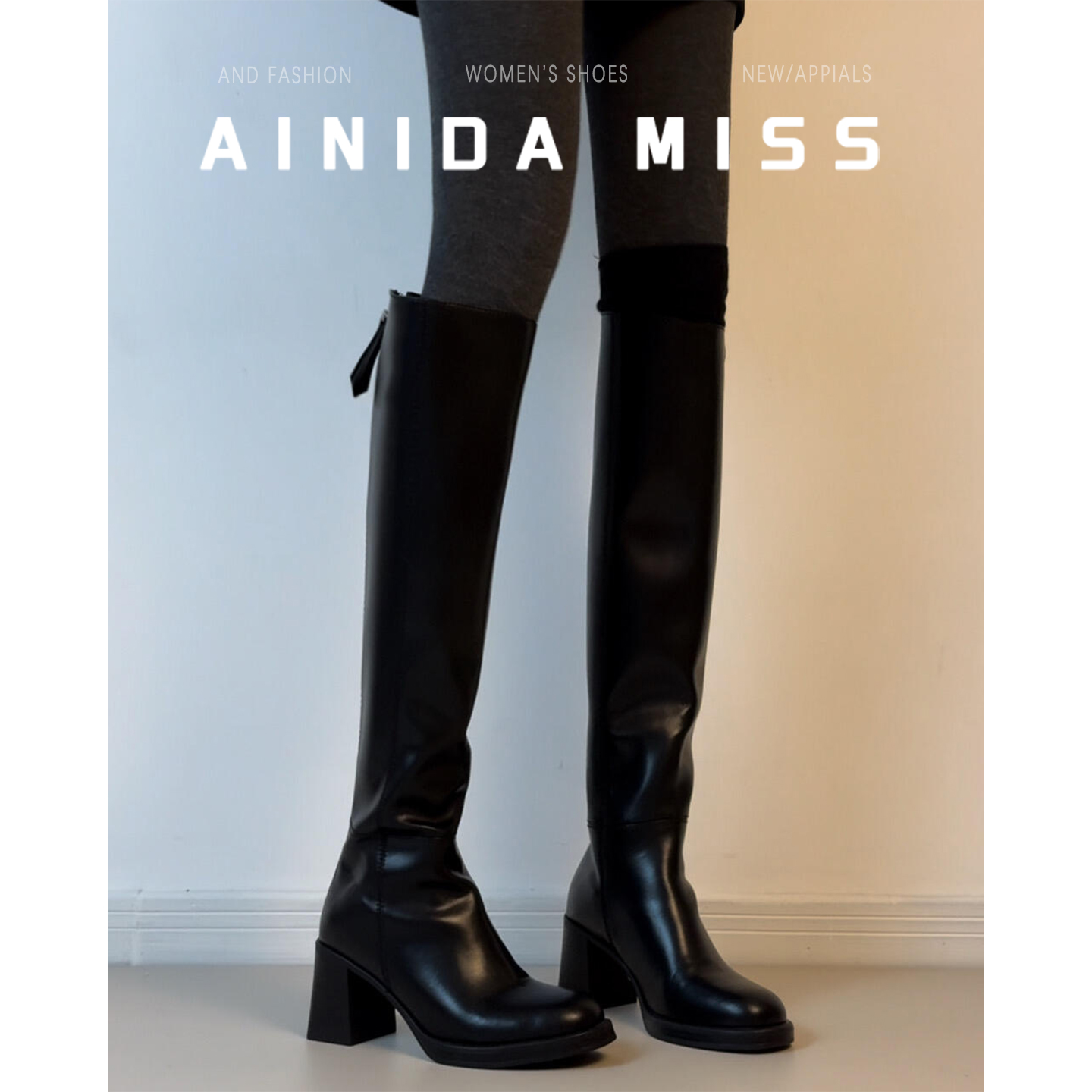 牛皮版~法式粗跟黑色高筒