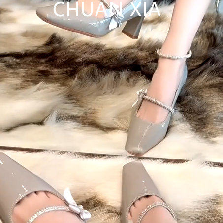 羊皮版~法式水钻方头鞋女蝴蝶结一字带玛丽珍鞋真皮粗跟高跟鞋,女鞋,浅口单鞋,淘宝优惠券,粉丝福利购,淘宝优惠卷
