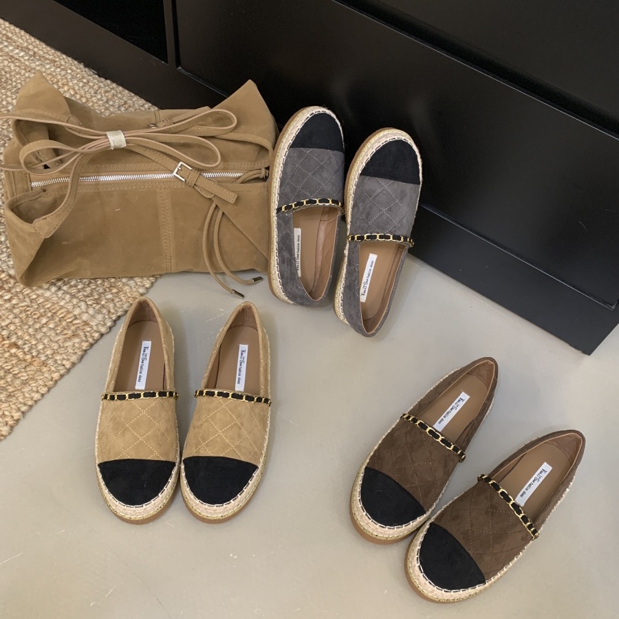 韩版圆头绒面拼色金属链子渔夫鞋女2025年新款秋百搭舒适中口单鞋