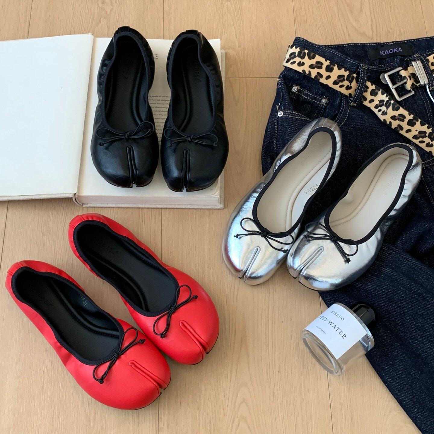 SHOE-REN 新款韩式蝴蝶结分趾鞋女浅口单鞋内增高百搭通勤气质鞋 - 实物图