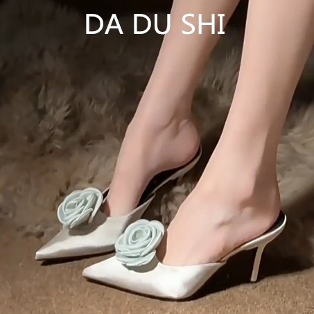 羊皮版~绝美玫瑰花包头半拖鞋女细跟尖头凉鞋性感配裙子高跟鞋,女鞋,包头拖,淘宝优惠券,粉丝福利购,淘宝优惠卷