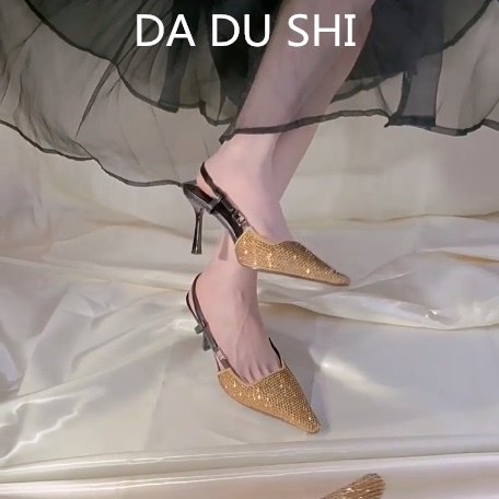 羊皮版~法式名媛风水钻单鞋女绝美真皮细跟高跟鞋配裙子包头凉鞋,女鞋,时装凉鞋,淘宝优惠券,粉丝福利购,淘宝优惠卷