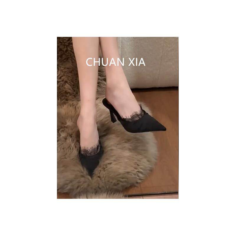羊皮版~性感蕾丝穆勒半拖鞋女法式细跟高跟鞋气质名媛风尖头单鞋,女鞋,包头拖,淘宝优惠券,粉丝福利购,淘宝优惠卷