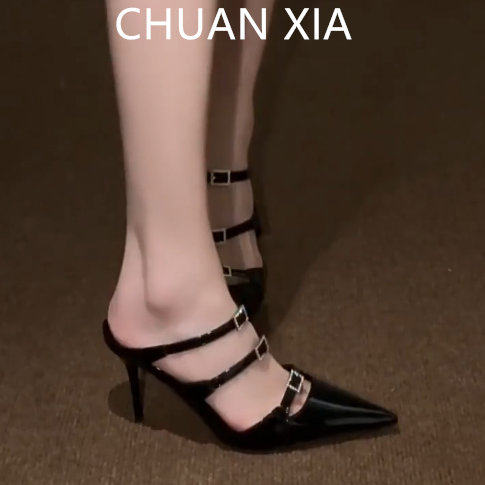 羊皮版！法式黑色真皮高跟鞋女细跟尖头单鞋百搭一脚蹬包头凉鞋