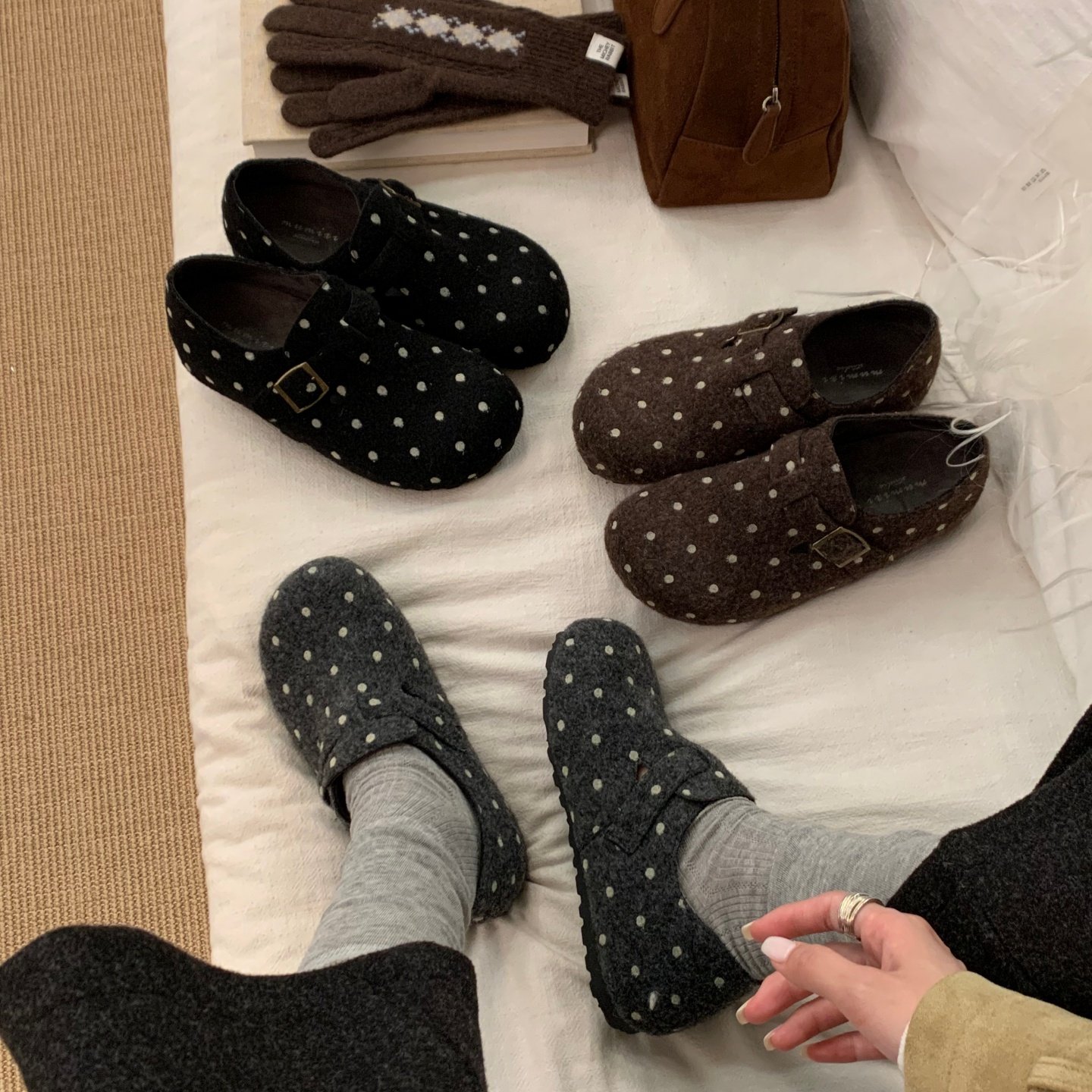 MUMIXI  法式波点单鞋女秋平跟一脚蹬浅口百搭舒适懒人鞋时尚简约