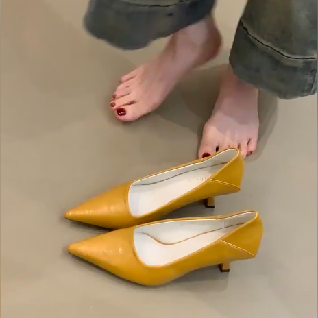 羊皮版！简约风尖头高跟鞋女一脚蹬百搭玛丽珍鞋通勤真皮细跟单鞋