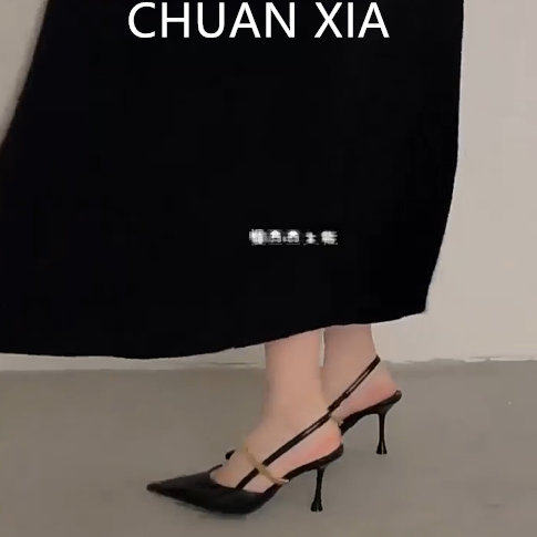 羊皮版~小众设计感尖头凉鞋女真皮金属带细跟单鞋法式气质高跟鞋