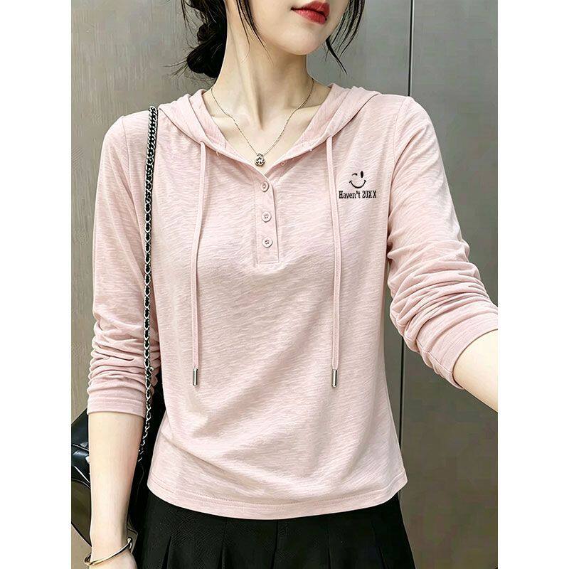 纯棉连帽长袖T恤女大码设计感