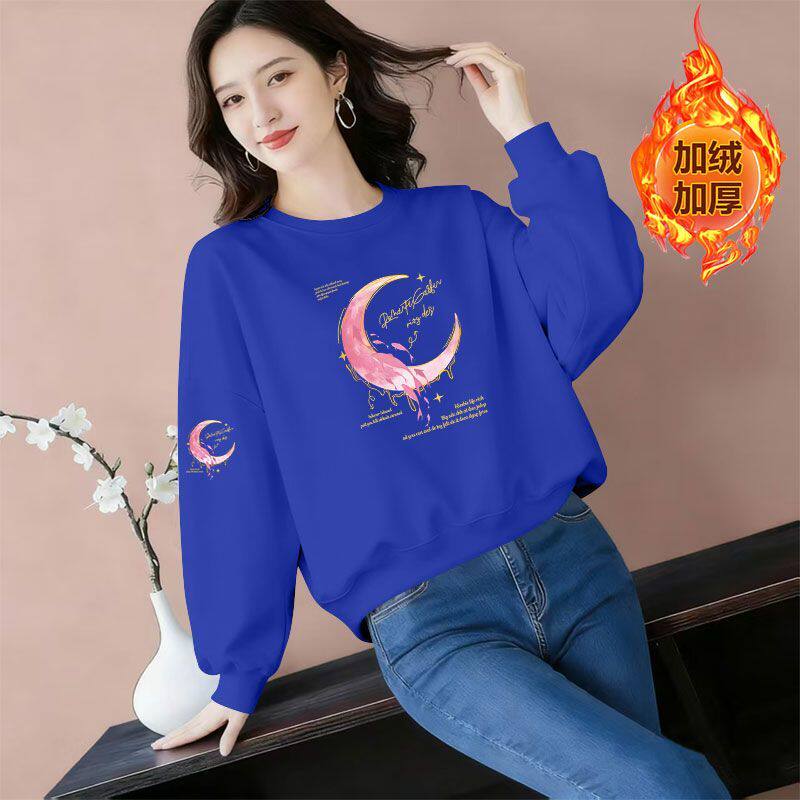 短款纯棉圆领长袖卫衣女新款秋冬韩版印花时尚大码加绒加厚上衣服