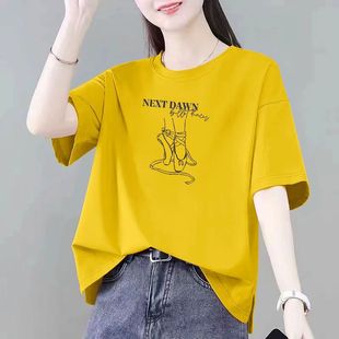 纯棉t恤衫 爆款 短袖 夏季 女圆领潮流下摆开叉ins通勤印花上衣服 时尚