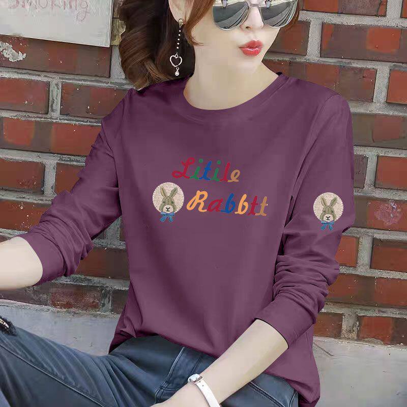 纯棉时尚长袖t恤女春秋新款百搭大码宽松洋气印花打底上衣服女ins