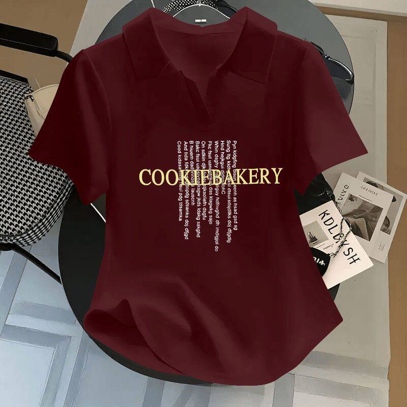 纯棉女士短袖t恤新款夏季显瘦polo衫翻领通勤印花时尚宽松上衣ins