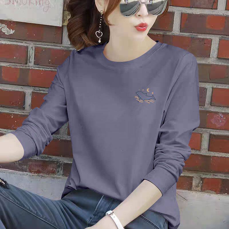 洋气100%纯棉时尚长袖t恤女春秋新款气质大码宽松韩版时尚上衣ins