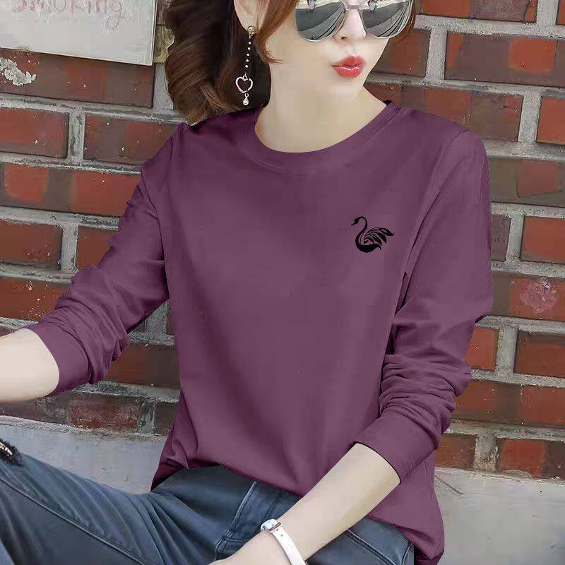 100%纯棉圆领长袖t恤女春秋爆款时尚打底简约大码薄款韩版上衣ins