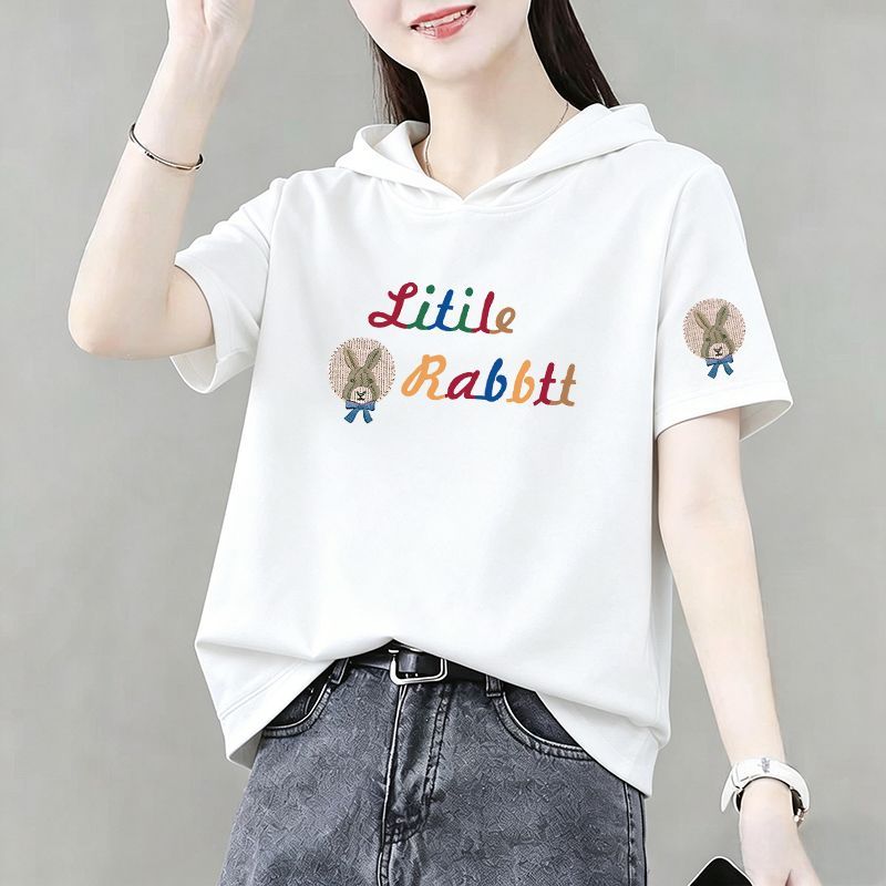 纯棉连帽短袖T恤女夏季大码
