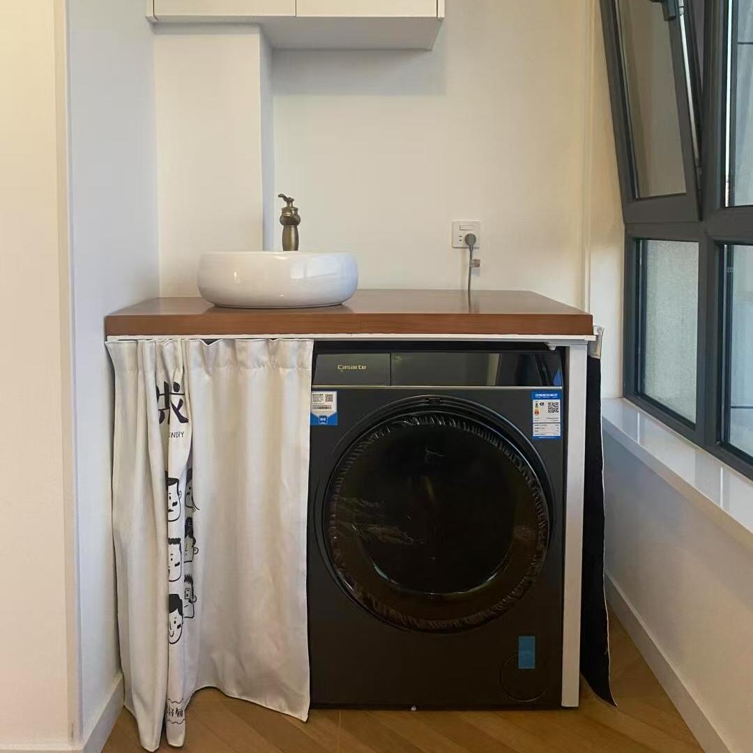 定制实木吧台桌阳台洗衣机桌置物架改造设计收纳柜洗手盆一体台面