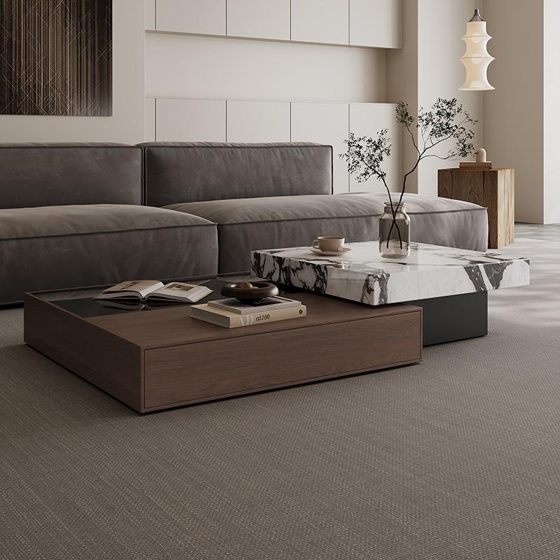 意式极简岩板茶几高级感家用可伸缩实木茶几桌2025新款胡桃色茶几