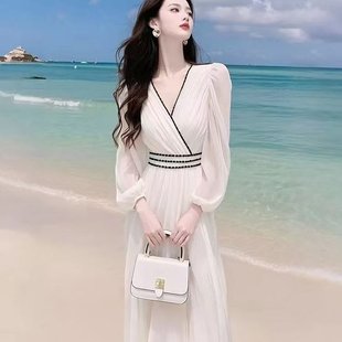 小香风白色雪纺连衣裙海边度假风法式 2025新款 超仙仙女收腰长裙子