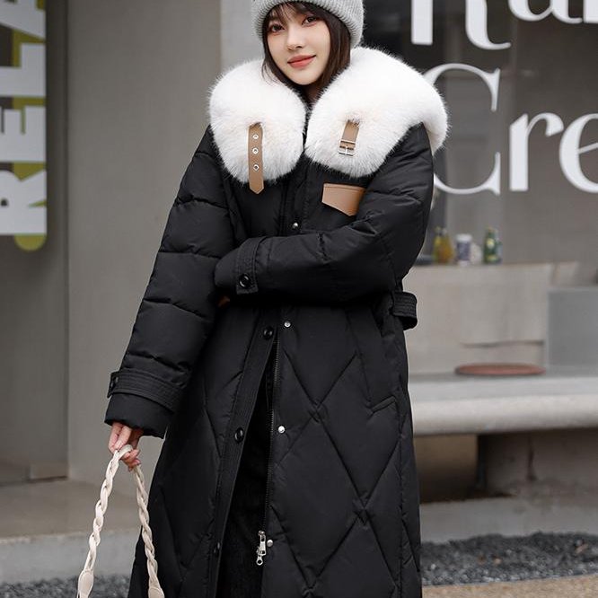 实拍高级感显瘦修身羽绒服女冬过膝中长款2023新款大毛领韩版外套
