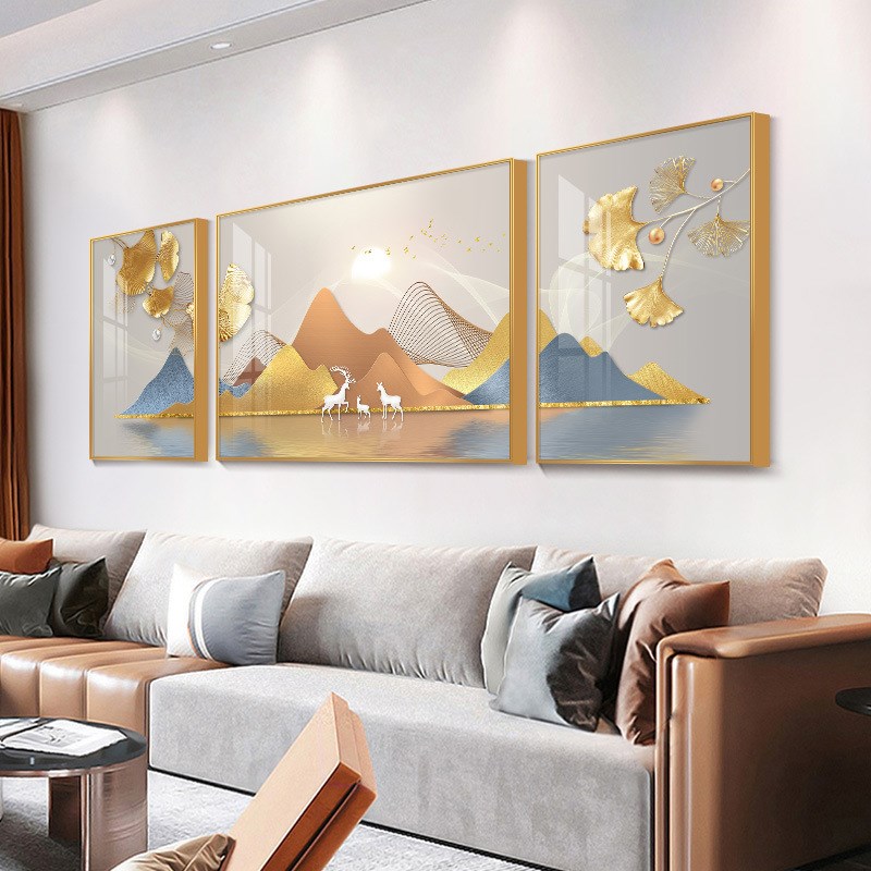 客厅背景墙装饰现代简约大气轻奢装饰画沙发挂画金色麋鹿三联画图片