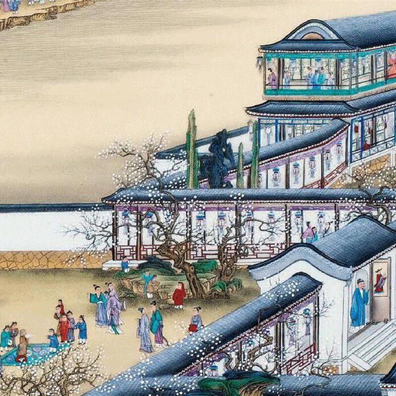雍正十二月行乐图完整丝绸卷轴画 壁画 精品挂画