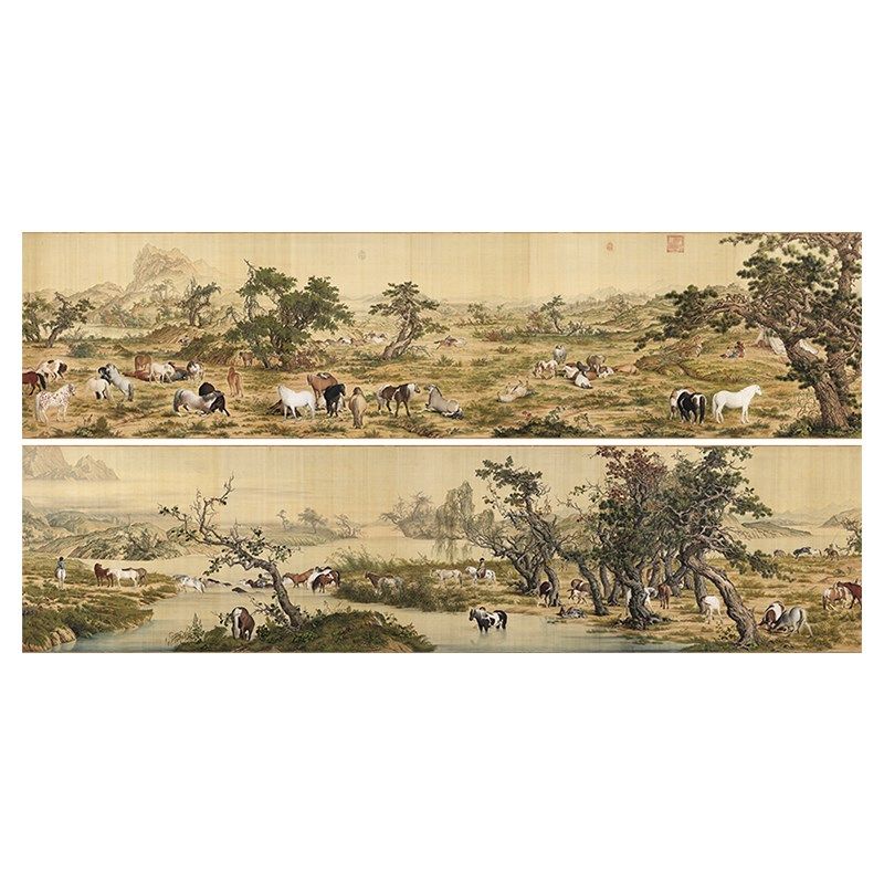 郎世宁百骏图传统动物画临摹范本八骏图画装饰画艺术绢布画心