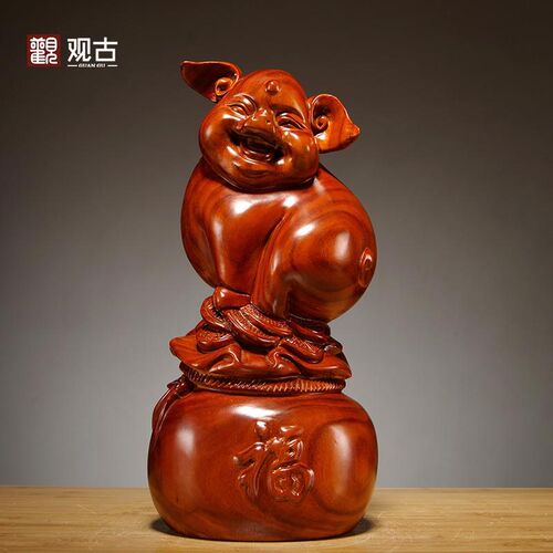 梨实木雕刻福猪十二生肖动物猪红木居客厅店铺