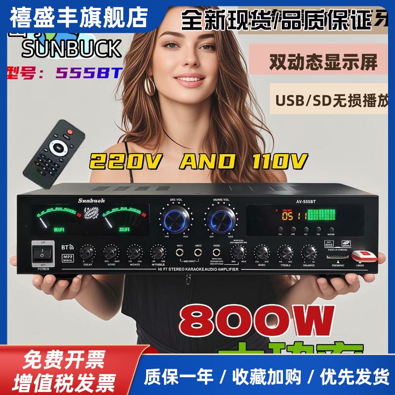 功放机220V大功率1000W蓝牙AV功放机家用K歌台湾跨境海淘出口110V
