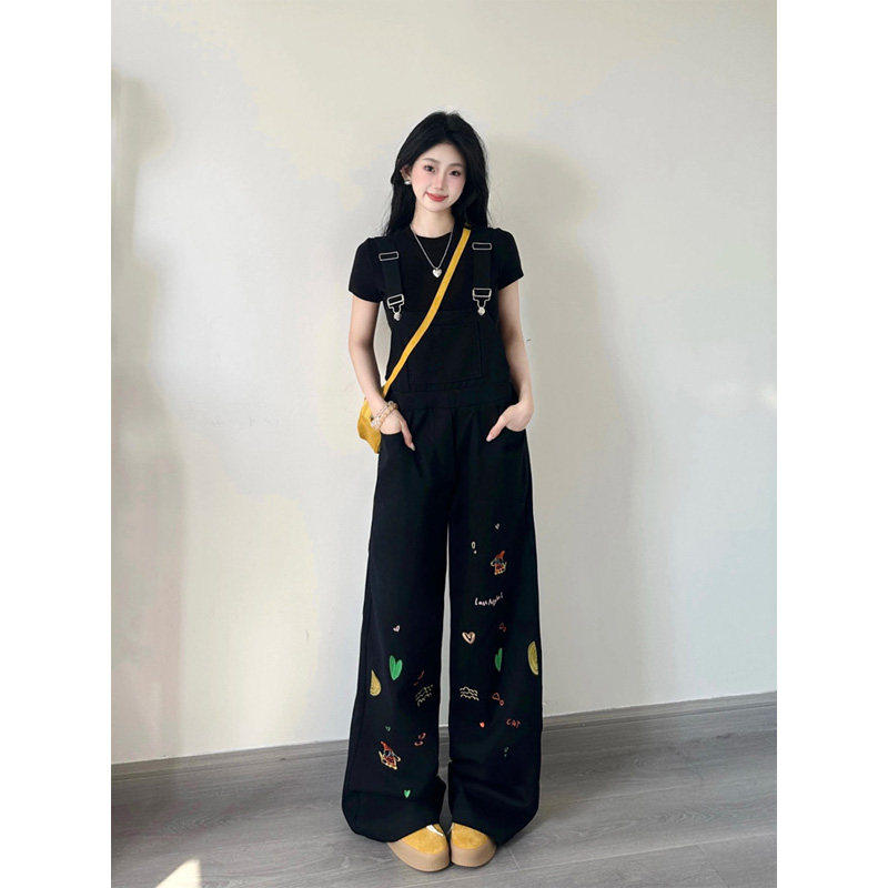 重工黑色牛仔背带裤女2026春季新款宽松慵懒感美式复古直筒阔腿裤