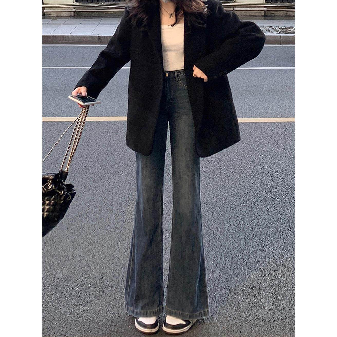 蓝灰色微喇牛仔裤女夏季新款大尺码胖mm高腰宽松显瘦梨形身材阔腿