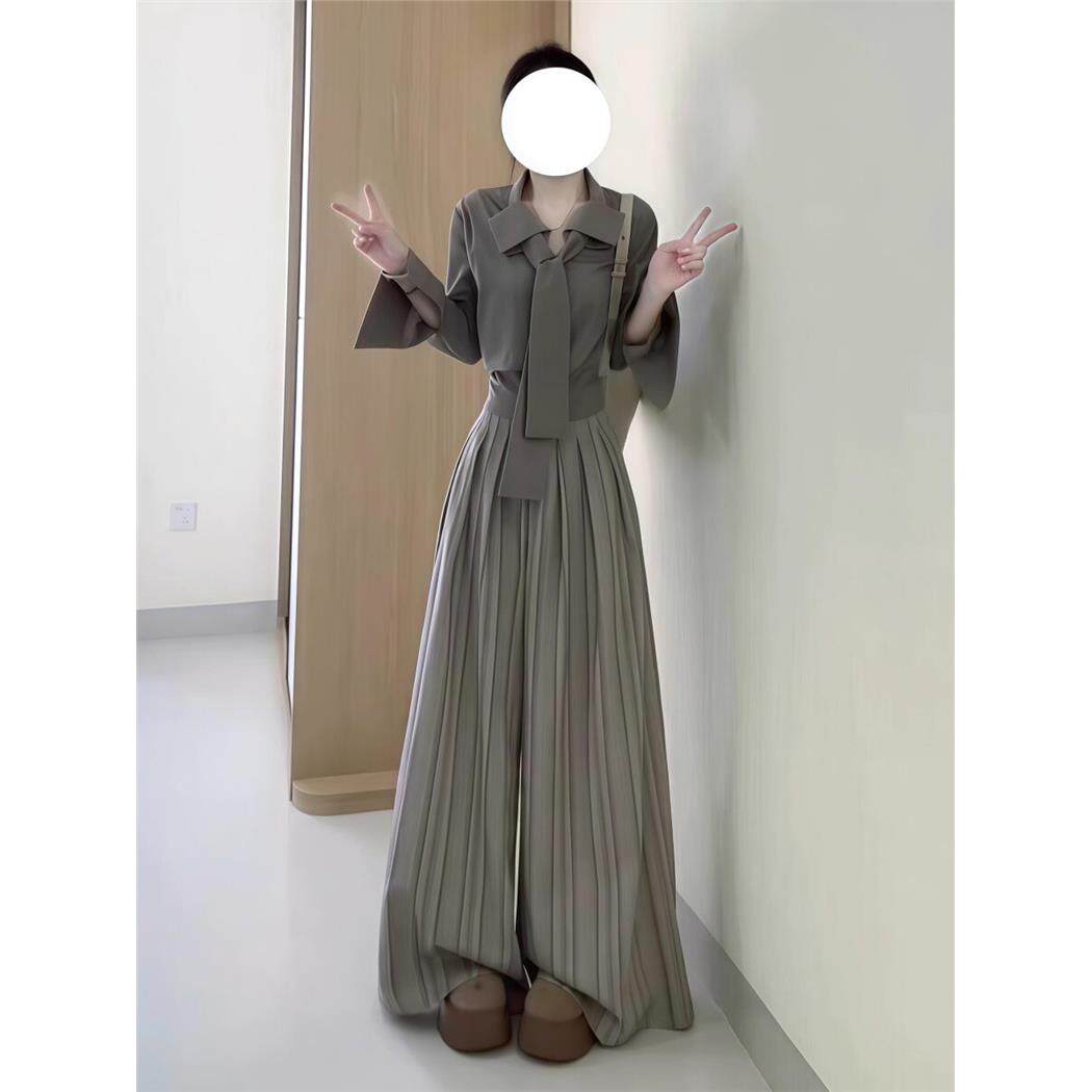 韩系高级感运动套装女秋季宽松时尚长袖衬衫上衣阔腿裤休闲两件套