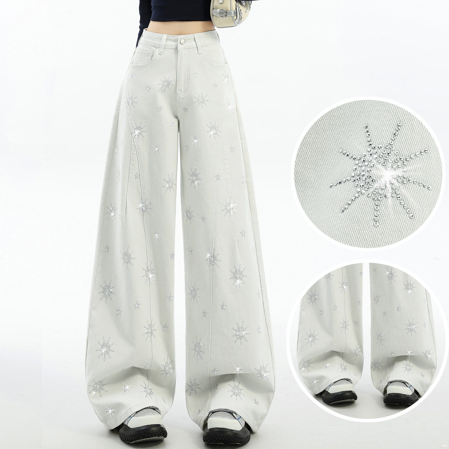 满天星雪花烫钻阔腿牛仔裤女2026年春秋新款遮胯冬潮牌带钻镰刀裤