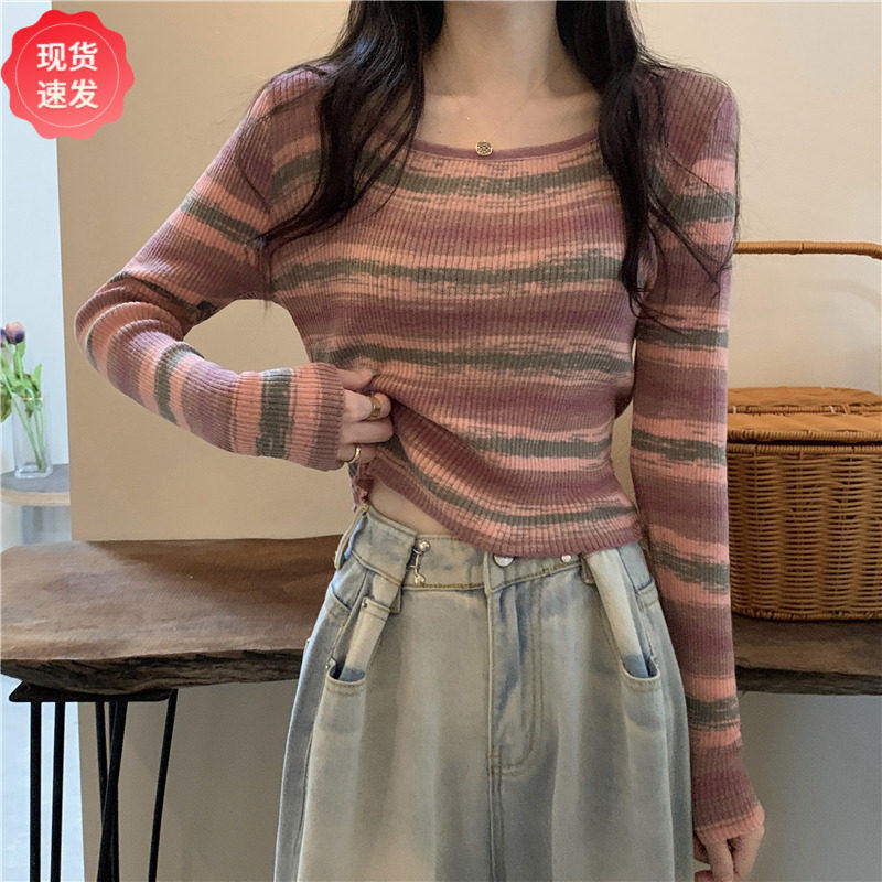 撞色条纹方领T恤女秋季针织衫长袖法式短款小款设计感上衣小众潮