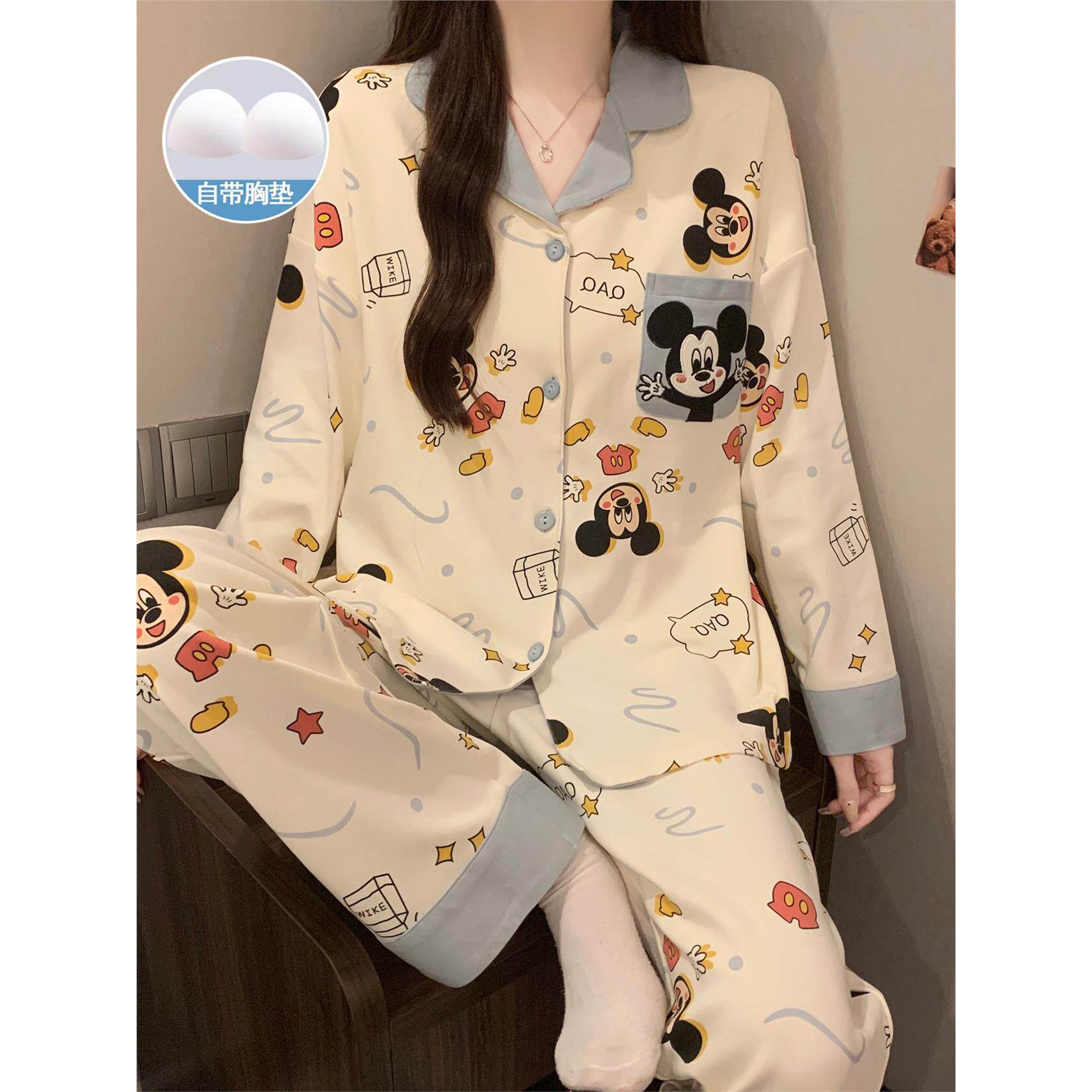 带胸垫睡衣女春秋款长袖开衫可爱卡通2025新款冬季外穿家居服套装