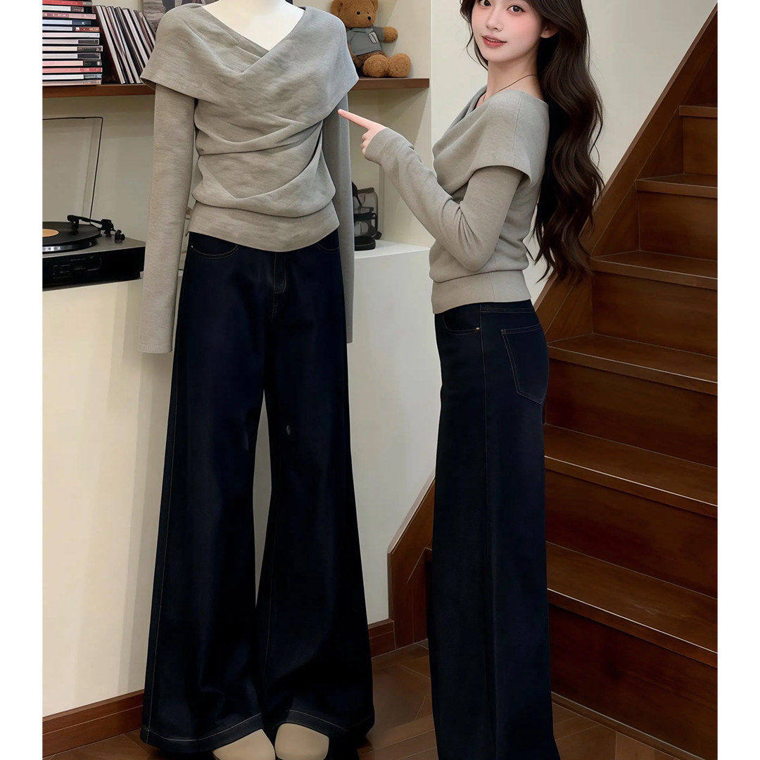 韩系一整套女ootd穿搭休闲风巨好看的复古灰色上衣阔腿裤两件套装