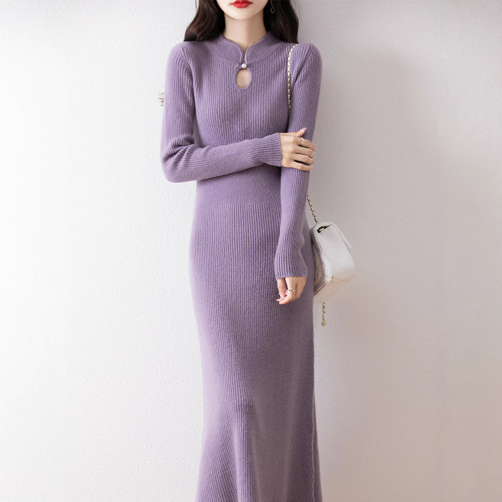 云梦集新款修身羊毛针织女旗袍领连衣裙显瘦国风羊绒内搭裙