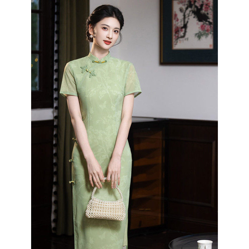 织造局绿色送考旗袍女2026新款立领盘扣高端大气上档次新中式国风