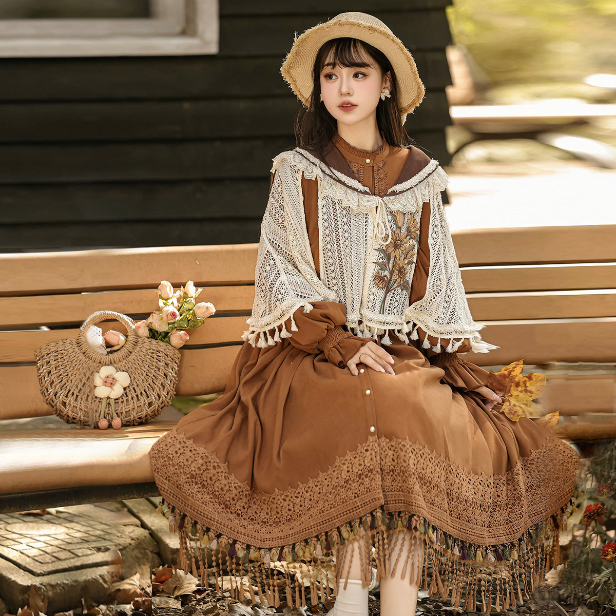 云梦集原创设计日落汉服女中国风改良新中式披肩连衣裙套装