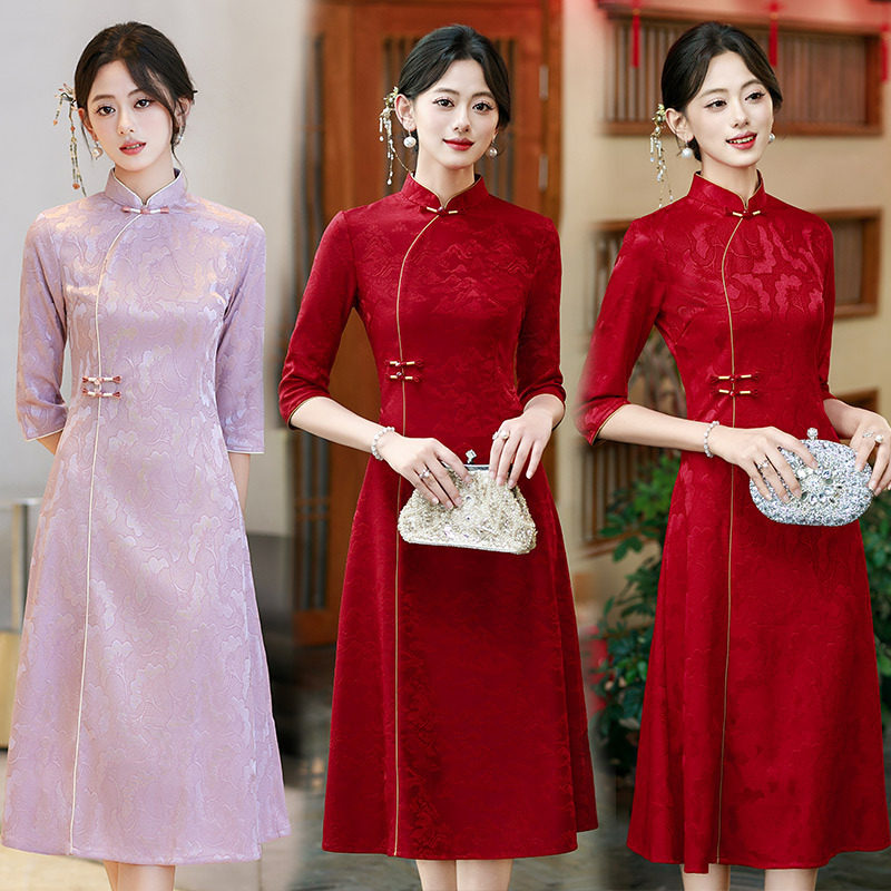 织造局红色喜妈妈喜婆婆婚宴装礼服新中式旗袍中袖改良女连衣裙