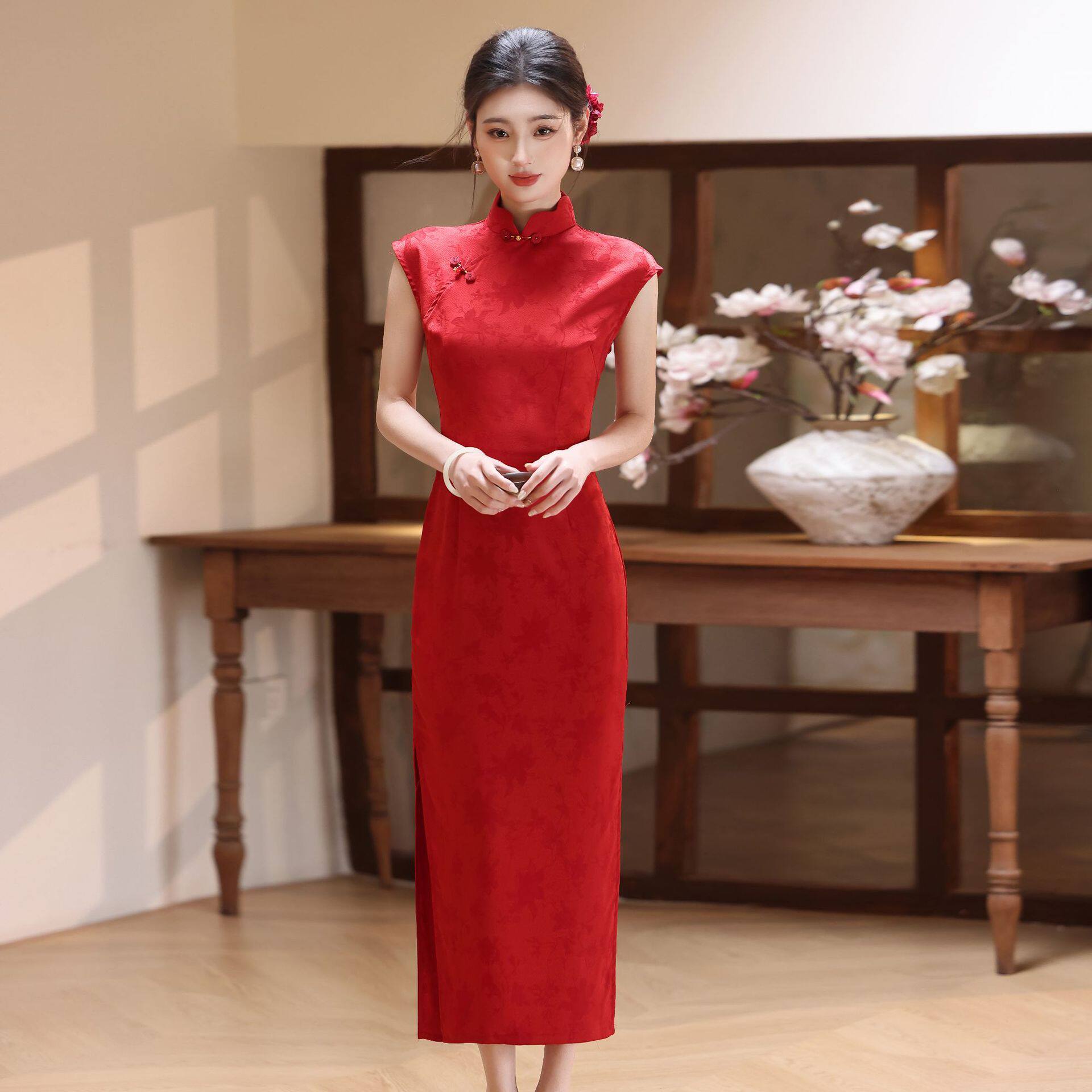 织造局红色提花改良新中式新娘红装女2026年春季新款复古风连衣裙