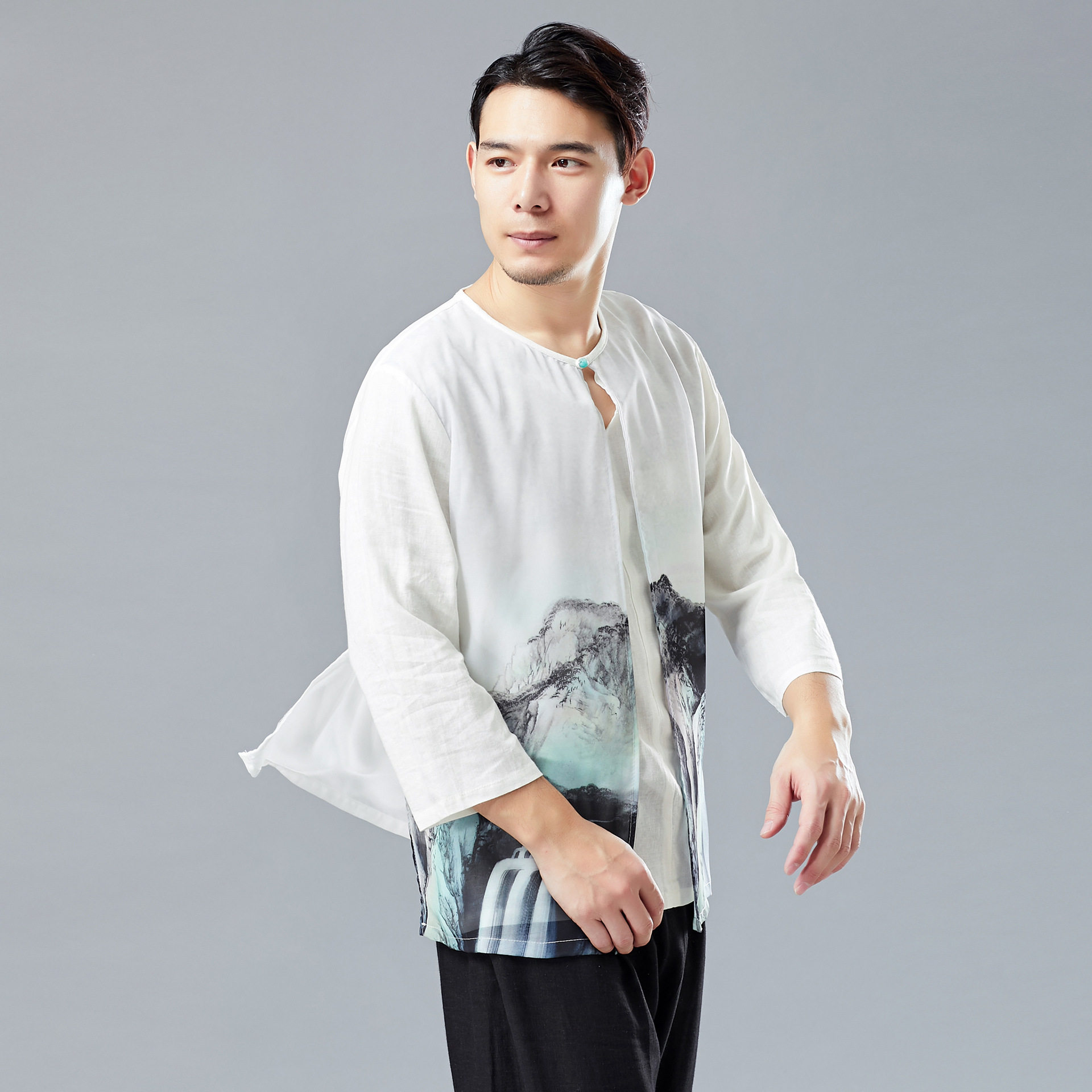 织造局2026新款 玉扣山水 复古中国风雪纺男上衣七分袖衬衫民族服